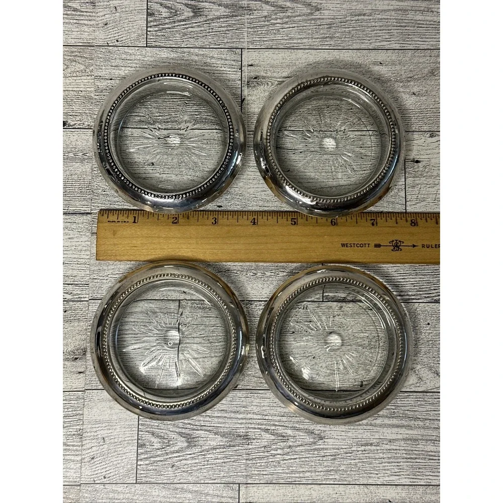 Set Of 4 B.I./ Frank M. Whiting STERLING SILVER Beaded Rim Coasters STARBURST